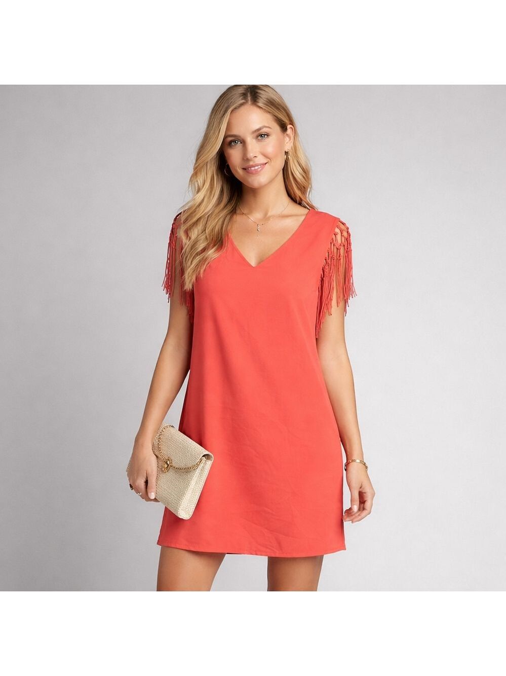 Naked Zebra Coral Fringe Sleeve Shift Dress V-Neck Tassel Detail Boho Chic